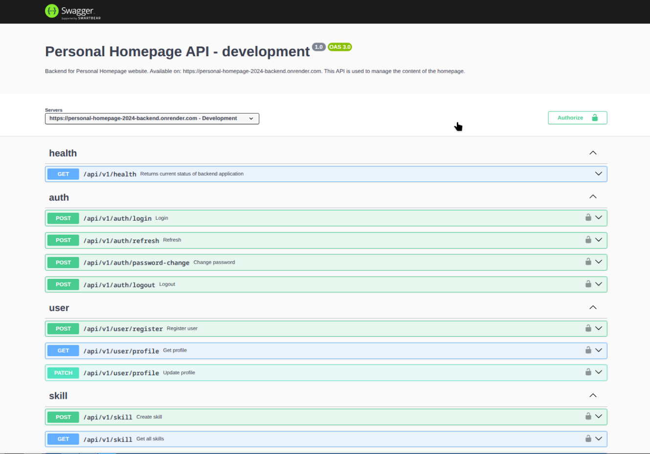 Personal homepage backend Screenshot